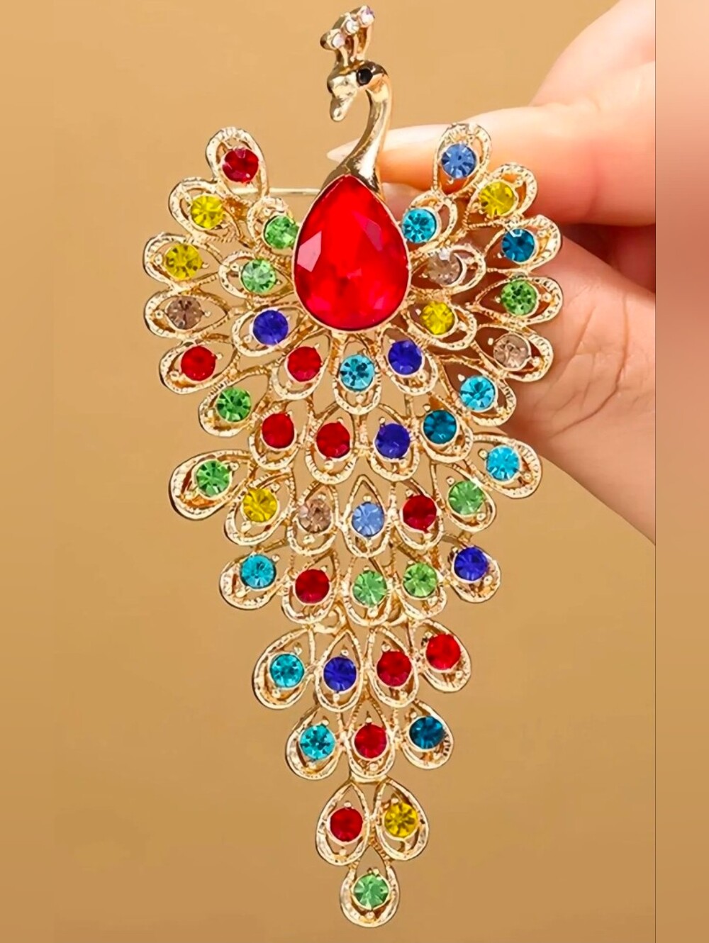 Gold-Tone Multicolor Peacock Brooch with Red Center Stone